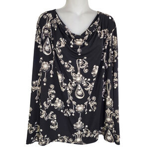 Chico's Womens Blouse 3 Size XL Draped Cowl Floral Jewel Print Stretch Pullover